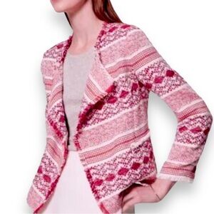 LOFT Women's Size 2 Woven Open Front Fringe Trim Blazer Jacket Red White NWOT